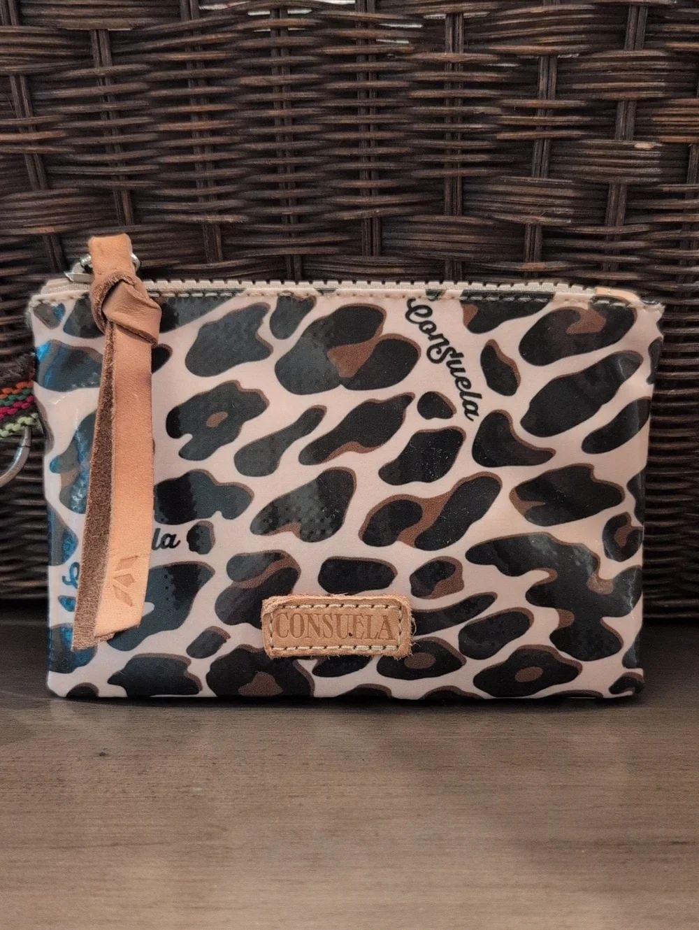 Consuela Black and Brown Leopard Print Wristlet Pouch Leather Trim